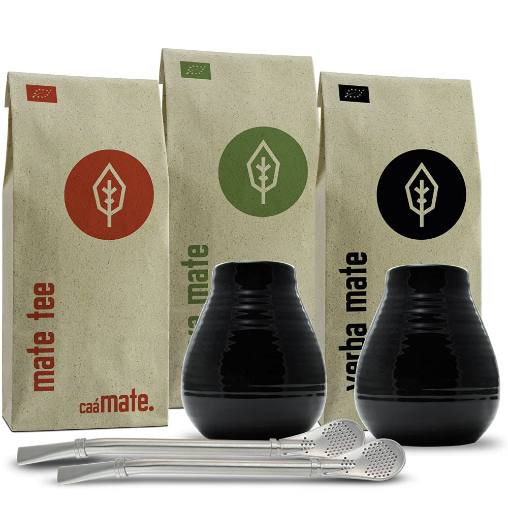Set da tè Mate per due, biologico ● 2 tazze Mate + 2 bombillas + 300 g di tè Mate + istruzioni per la preparazione
