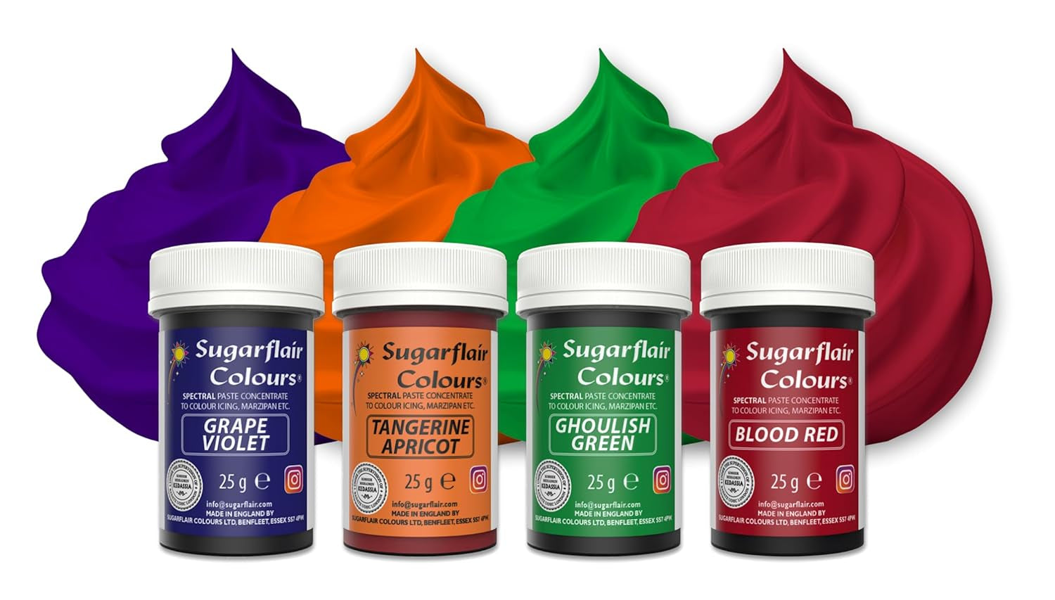 Sugarflair Pasta Food Coloring Set/4 Coloranti alimentari per pasta, fondente, marzapane, pasta di zucchero, crema al burro e altro ancora: verde macabro, viola uva, rosso sangue