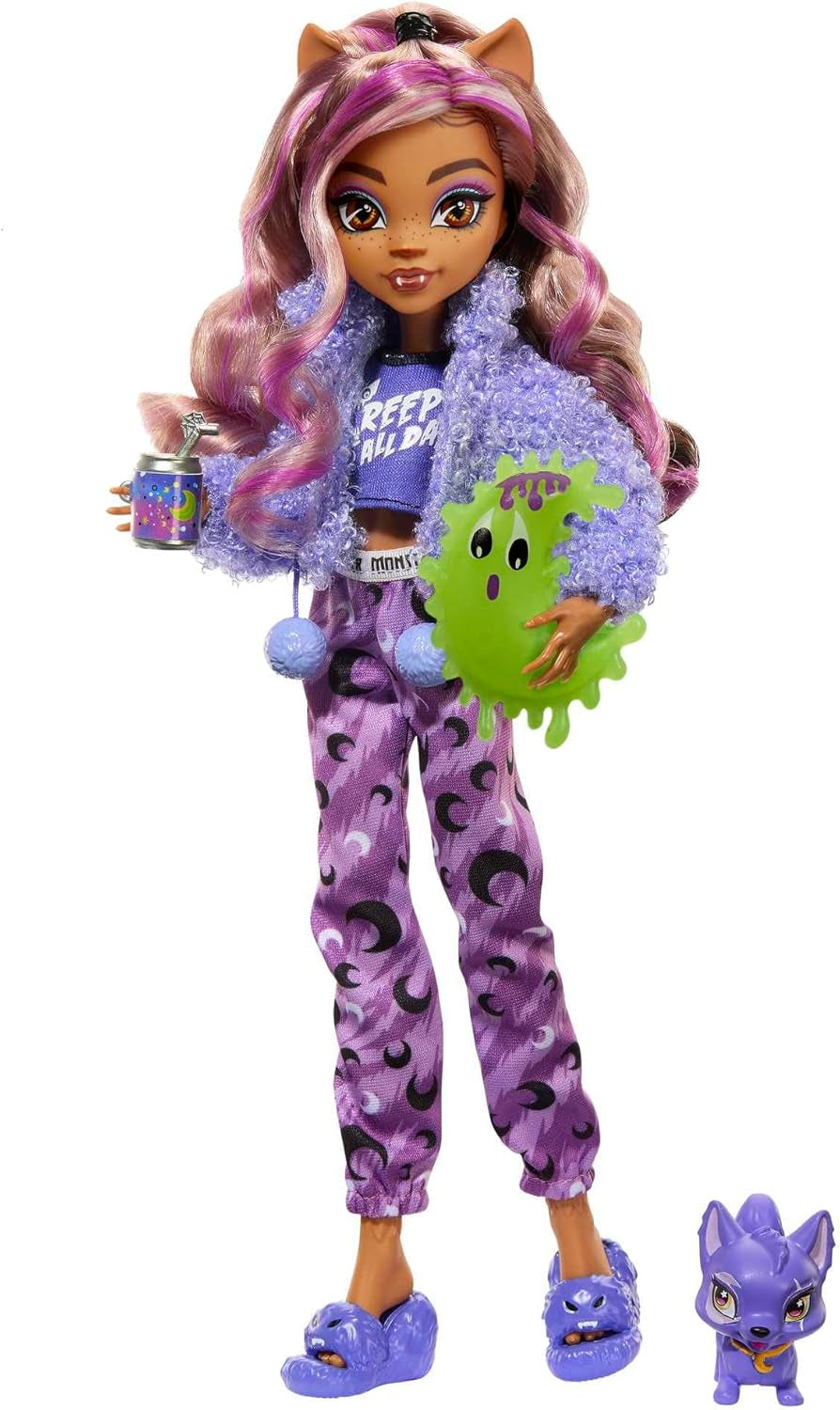 MONSTER HIGH Accessori per bambole e pigiama party, bambola Clawdeen Lupo con gatto domestico, mezzaluna, festa Creepover, HKY67
