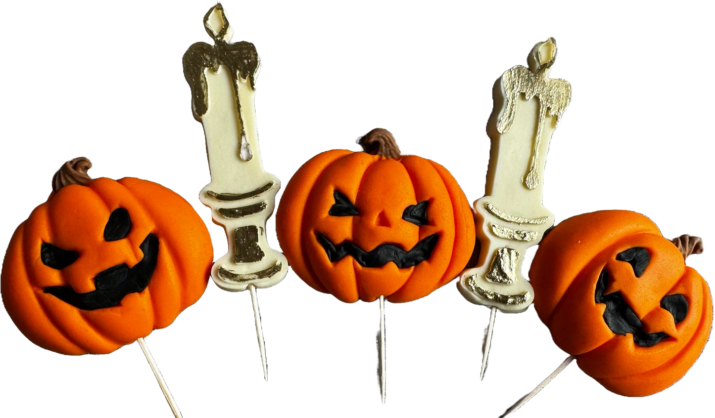 Set 5 decorazioni commestibili in pasta di zucchero, Halloween, zucche e candele Decorazioni in pasta di zucchero Naty Shop