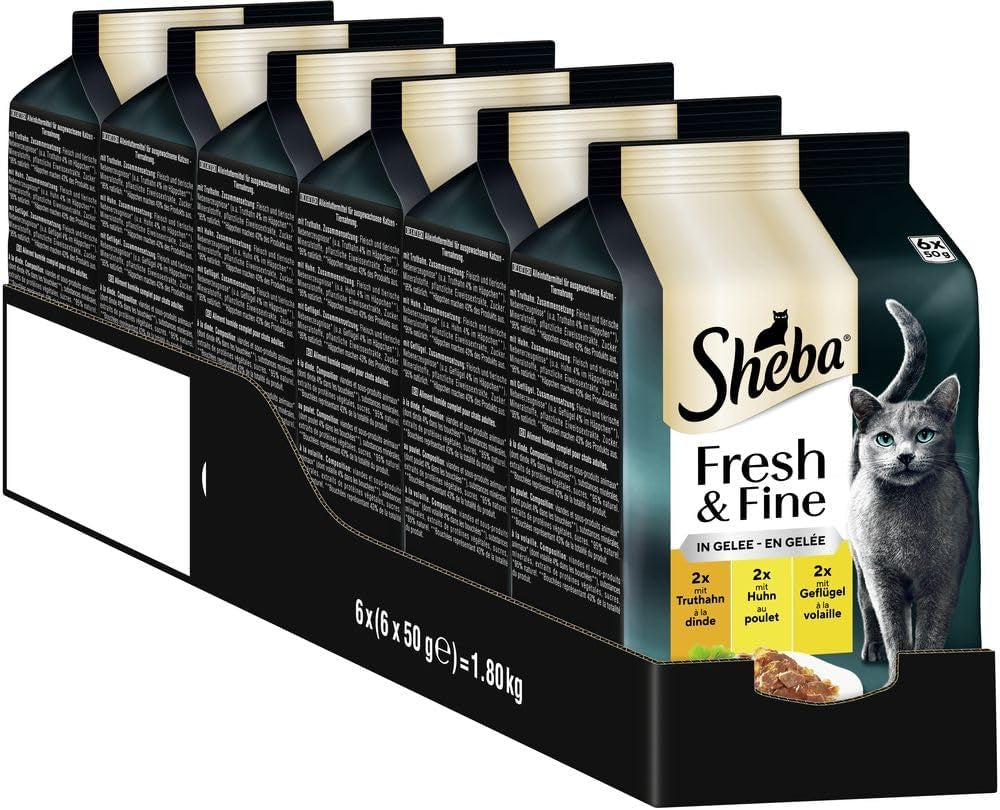 Sheba Portion Pouches Cibo umido per gatti, confezione multipla di gelatina di tacchino e pollo fresca e raffinata, 6x6x50 g - Cibo per gatti in gelatina di tacchino e pollo di alta qualità