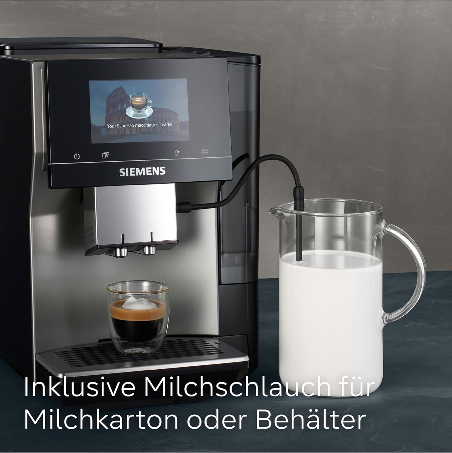 Macchina per caffè espresso automatica Siemens EQ700 classic TP715D01, controllo tramite app, cold brew, display touch intuitivo, fino a 10 creazioni di caffè individuali come preferite, pulizia automatica a vapore, 1500 W, grigio argento
