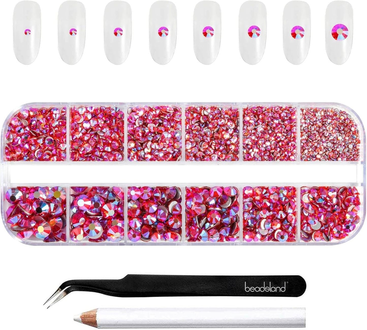 Beadsland 2500 pezzi di vetro per nail art strasssteine ​​​​Kristall Flatback Edelsteine ​​​​Runde, ​​für Handwerk Gemischt 8 Größen SS4 ~ SS30 con picking Pinzette e Stift (Kristall Weiss)