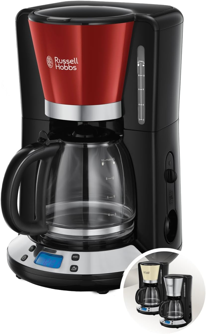Caffettiera Russell Hobbs [Timer digitale, soffione doccia per estrazione e aroma ottimali] Colors+ Creme (da 1 a 10 tazze, caraffa in vetro da 1,25 litri, piastra riscaldante, 1100 W) Caffettiera con filtro 24033-56
