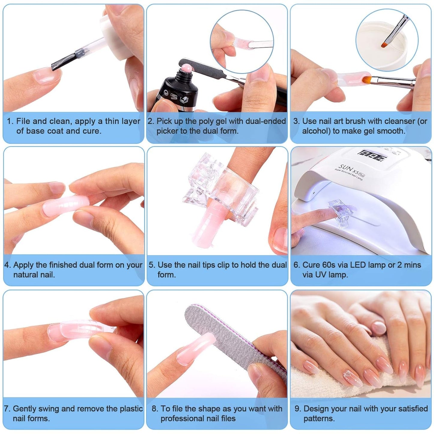Set di forme per unghie da 120 pezzi, estensioni per unghie, forme per unghie in gel, set di forme per unghie con pennello a doppia testa e lima per unghie con clip, per unghie in gel