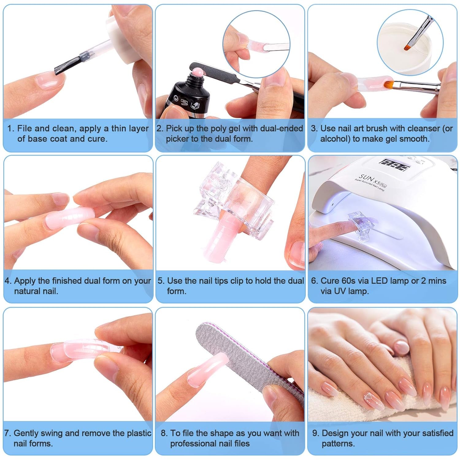 Set di forme per unghie da 120 pezzi, estensioni per unghie, forme per unghie in gel, set di forme per unghie con pennello a doppia testa e lima per unghie con clip, per unghie in gel