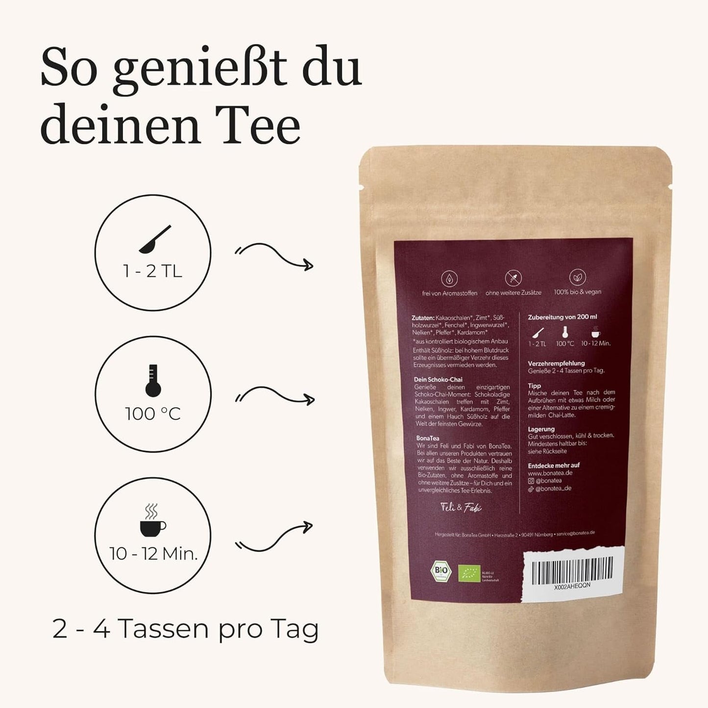 Tè speziato BIO Schoko Chai senza zucchero, con baccelli di cacao, cannella, liquirizia e altre spezie aromatiche Chai, 100 g