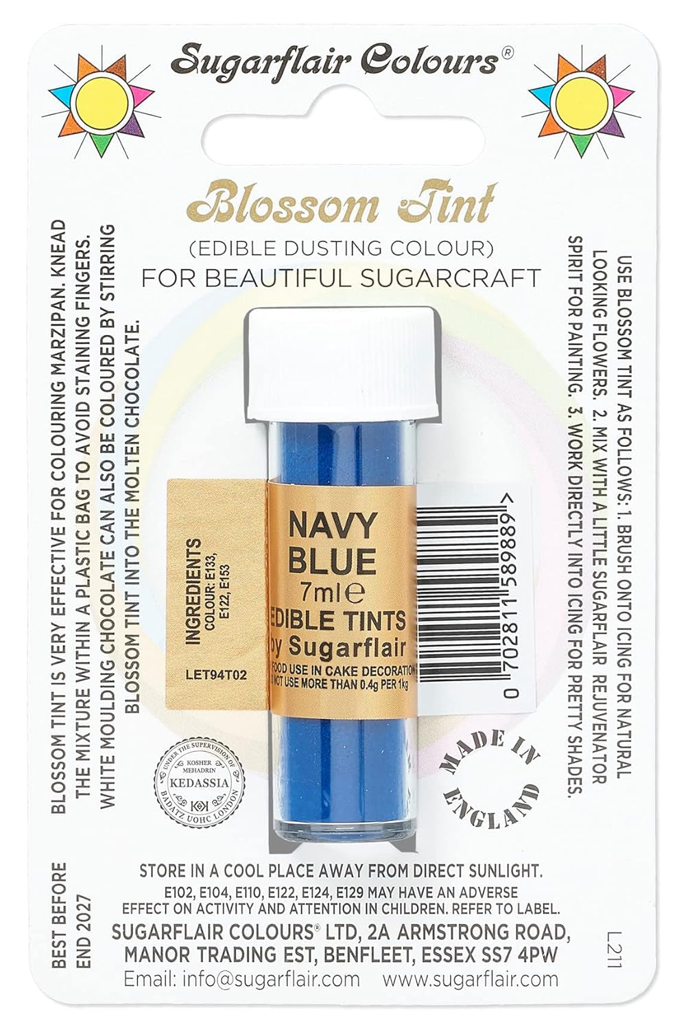 Colorante alimentare in polvere Sugarflair Blossom Tint Dusting, blu navy - Colorante alimentare in polvere per decorare pasta di zucchero colorata, fondente, glassa, cioccolato, crema al burro, amaretti - 7 ml
