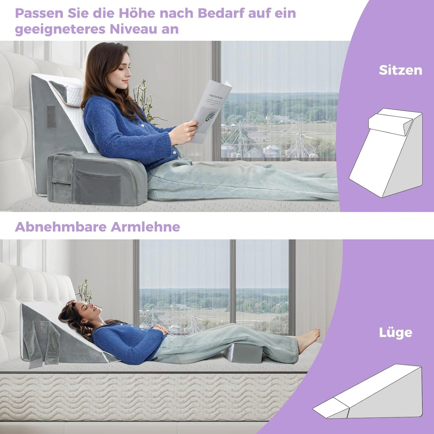 Grande cuscino da lettura con maniglia, schiuma ad alta densità, cuscino ergonomico per la schiena, braccioli, supporto per il collo e poggiatesta, cuscino del sedile reclinabile per dormire, giocare, guardare la TV, per letto e divano