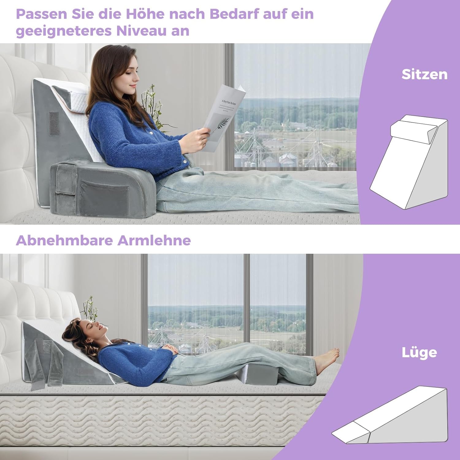 Grande cuscino da lettura con maniglia, schiuma ad alta densità, cuscino ergonomico per la schiena, braccioli, supporto per il collo e poggiatesta, cuscino del sedile reclinabile per dormire, giocare, guardare la TV, per letto e divano