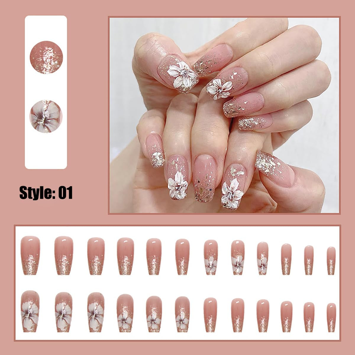 Unghie artificiali Glitter naturali Stampa breve su unghie glitter autoadesive acriliche per donne Ragazze Accessori per nail art 48 pezzi