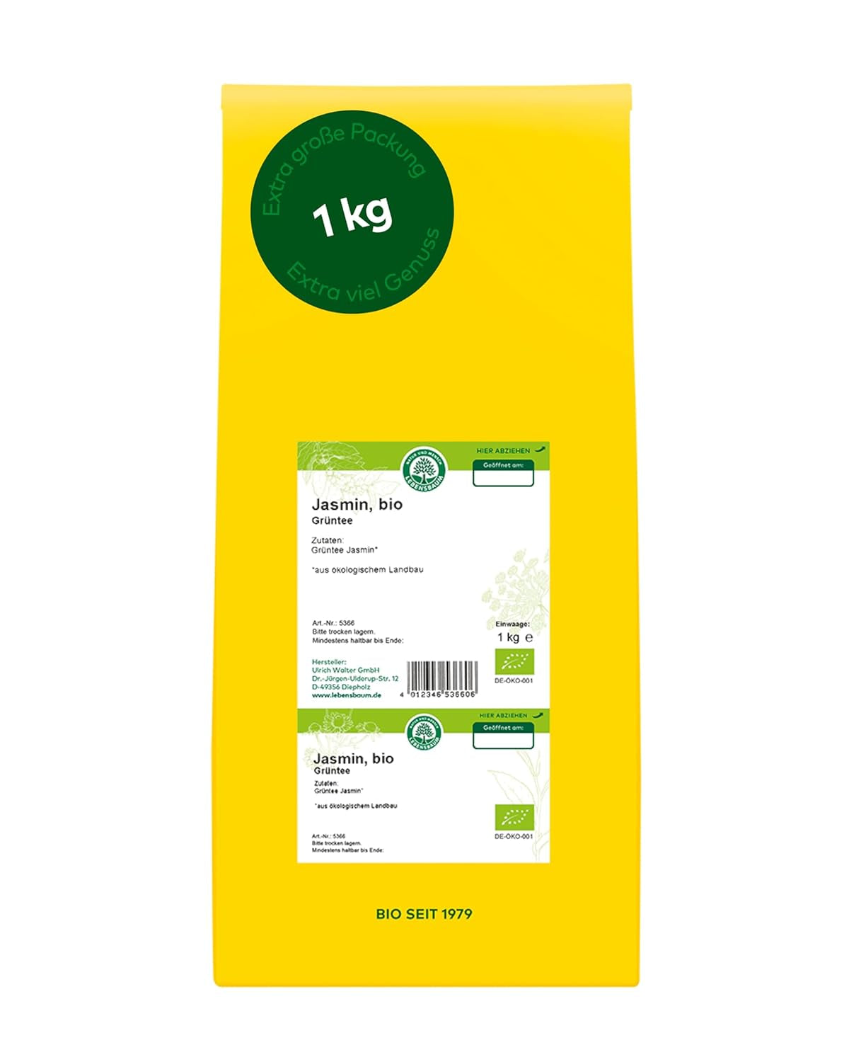 Tè verde a foglia intera Lebensbaum Darjeeling, tè biologico, tè verde al sapore di fiori freschi, colore verde chiaro, 1000g