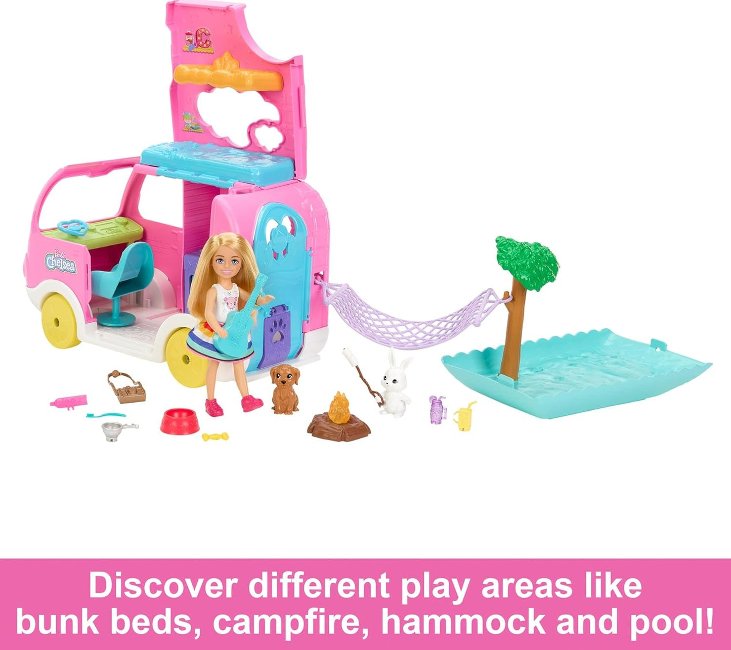 Barbie Chelsea Roulotte 2-in-1 - Veicolo giocattolo con piscina, amaca e zona pranzo per giochi fantasiosi e storie, dai 3 anni in su, HNH90