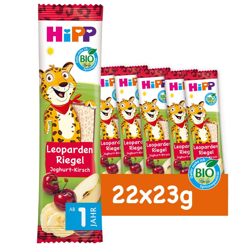 Barrette HiPP Leopard con yogurt e ciliegie alla banana (22 x 23g), da 1 anno, dolcificate solo con frutta, della migliore qualità biologica