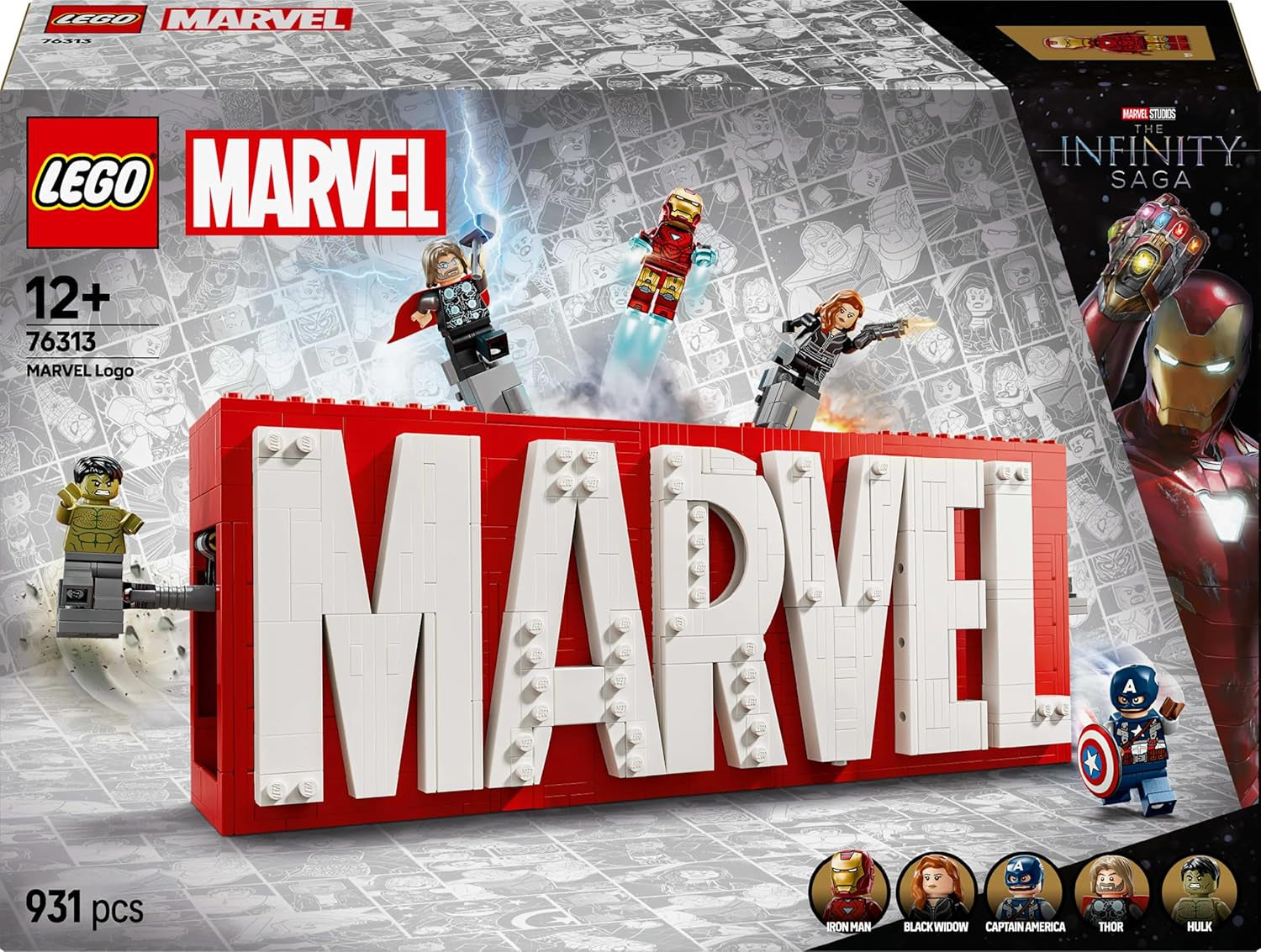 LEGO Marvel: logo e minifigure Marvel - Set da collezione Hulk, Thor, Iron Man, Vedova Nera e Capitan America - Set di costruzione dei personaggi dei Vendicatori - Regalo per ragazzi e ragazze dai 12 anni in su 76313 Set di costruzione Beuche den LEGO-Store