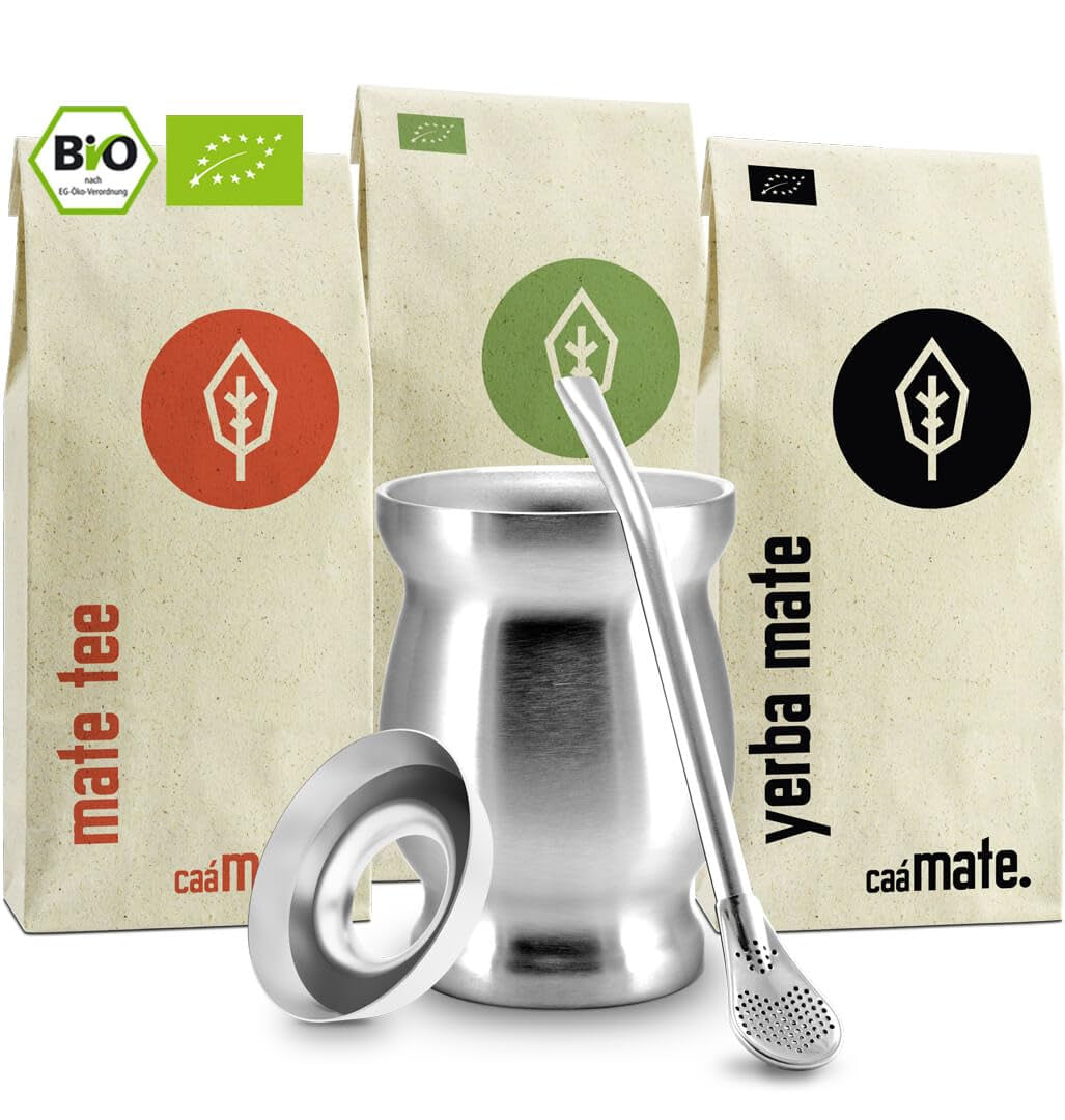 Set da tè Mate Bio ● 3 assortimenti di Mate + Tazza Mate in acciaio inossidabile a doppia parete + Bombilla + Istruzioni per la preparazione (Nero)