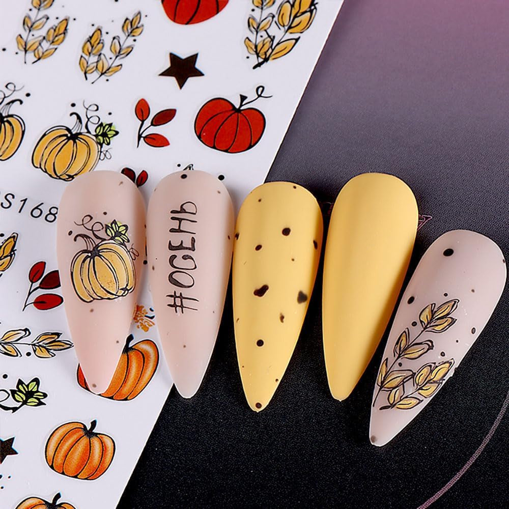 Adesivi per unghie autunnali 3D Adesivi per unghie foglie di zucca Linea geometrica Fiori Adesivi per unghie Design del Giorno del Ringraziamento Adesivi per unghie Autunno Zucca per unghie Accessori per unghie Nail Art