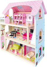 Bino World of Toys Casa delle bambole con balcone, giocattolo per bambini a partire da 3 anni, con 3 piani, scale, 4 stanze e balcone incl. 15-TLG. Accessori, Per promuovere le abilità dei bambini, Case delle bambole Naty Shop dal design rosa