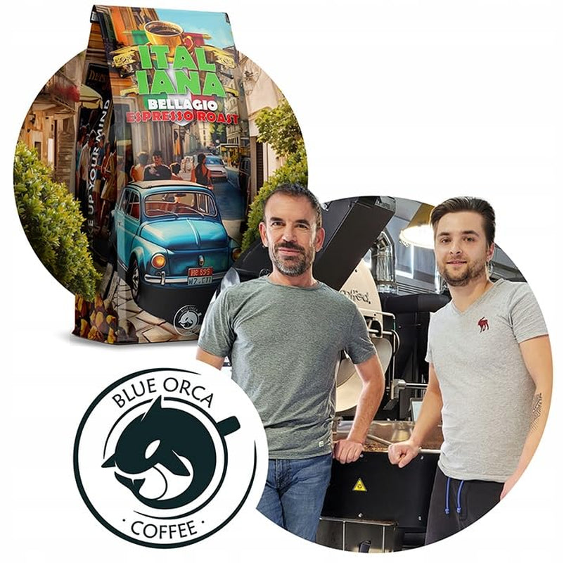 Caffè in grani tostati Italiana Bellagio 1kg | 80% Arabica e 20% Robusta | con sentori di frutta secca e cioccolato fondente | appena tostato, bassa acidità | per macchine da caffè | Caffè Orca Blu