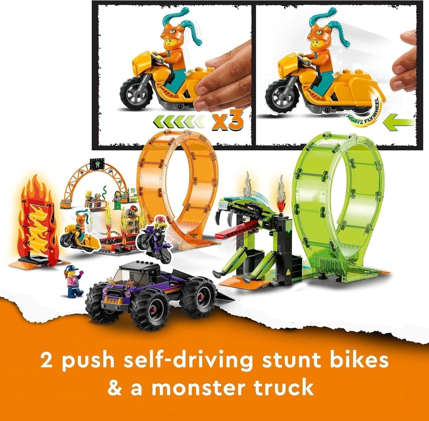 LEGO City Stuntz Spettacolo acrobatico, set a doppio looping, 60339, incl. rampa, monster truck, motocicletta 2X e 7 minifigure, giocattolo per bambini dai 7 anni in su Set da costruzione Besuche den LEGO-Store