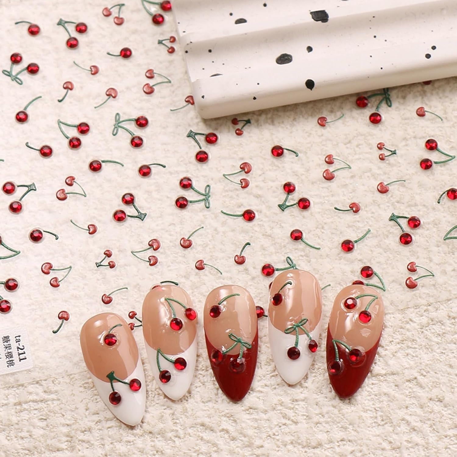 JMEOWIO 3D Nagelsticker Kirsche Nail Art Sticker Self-klebend Nagelaufkleber 5D Stereoscopico Decorazione Nageldesign Zubehör 1 Blatt