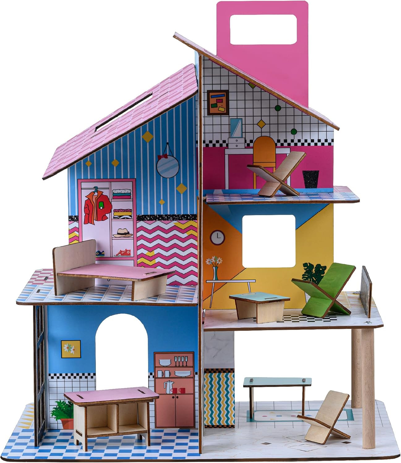 Casa delle bambole in legno per bambini Olivia's Little World 360, bambole da 3,5 pollici e 12 accessori, multicolore TD-13260C