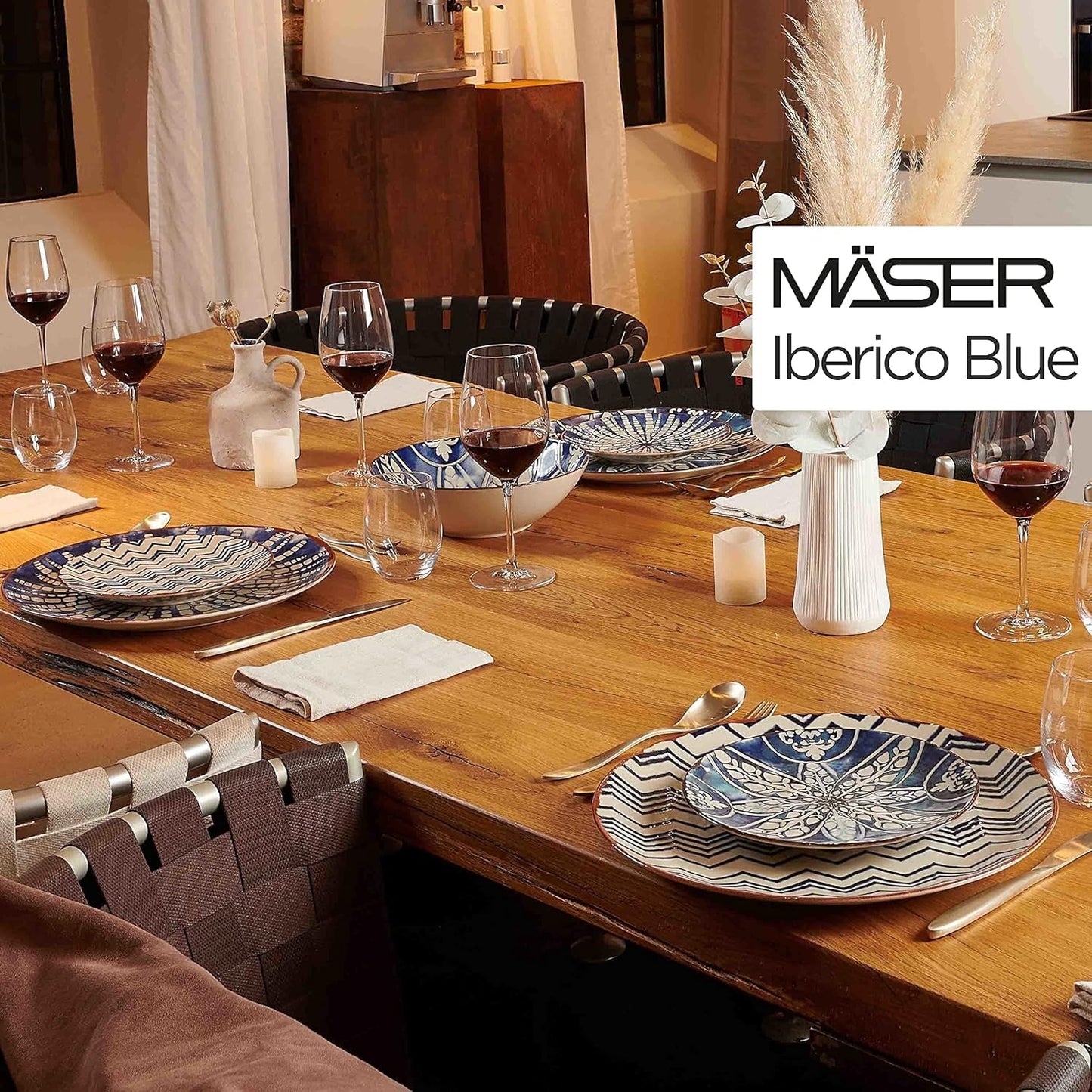 MÄSER 934017 Iberico Blue Servizio da tavola per 4 persone, 12 pezzi, stile moresco, vari design vintage in bianco e blu, ceramica