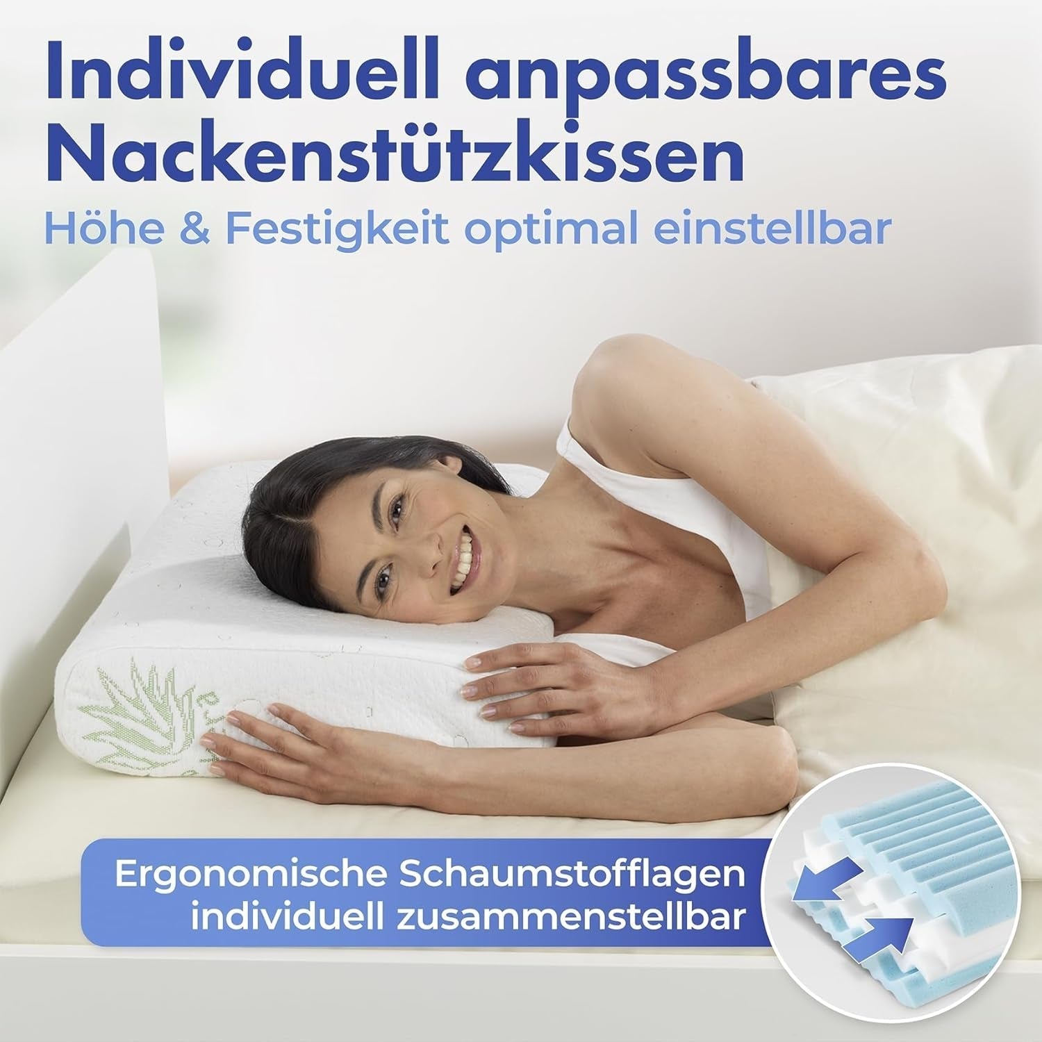 Cuscino di supporto per il collo in visco Maximex, Cuscino di supporto traspirante con imbottitura in schiuma ergonomica, Cuscino di supporto per il collo regolabile in altezza e altezza per un sonno ristoratore, Con aloe vera Cuscini standard Naty Shop
