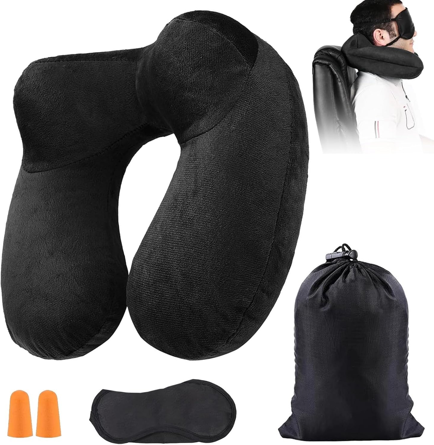 Cuscino da viaggio gonfiabile, Cuscino da viaggio con maschera per dormire + Tappi per le orecchie + Borsa per il trasporto, Super leggero e portatile, Ideale per aereo, auto, casa, ufficio, Nero Naty Shop Cuscini da viaggio Titolo predefinito