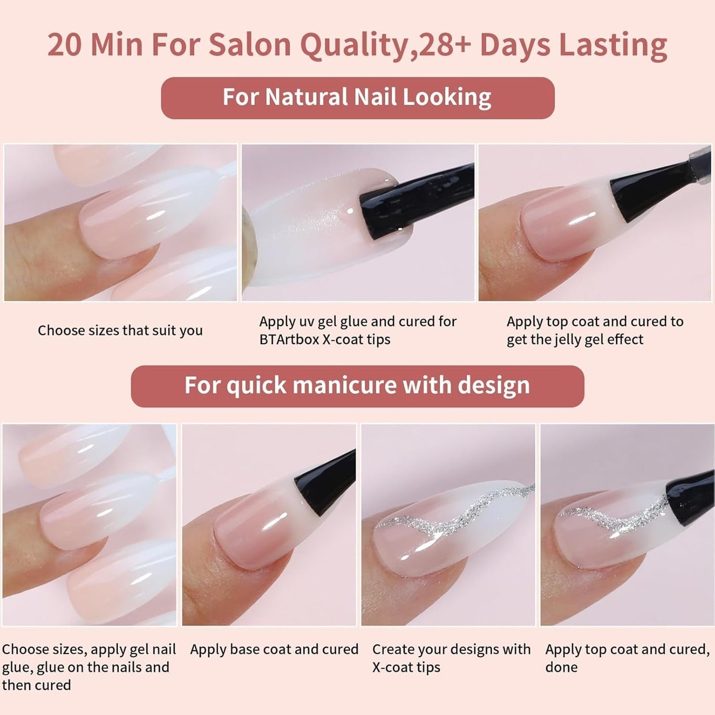 Kit per unghie finte sfumate da 150 pezzi - 5 colori per unghie finte autoadesive dal design sfumato - Copertura completa per donne e ragazze - Unghie finte lucide per manicure fai-da-te (Quadrato)