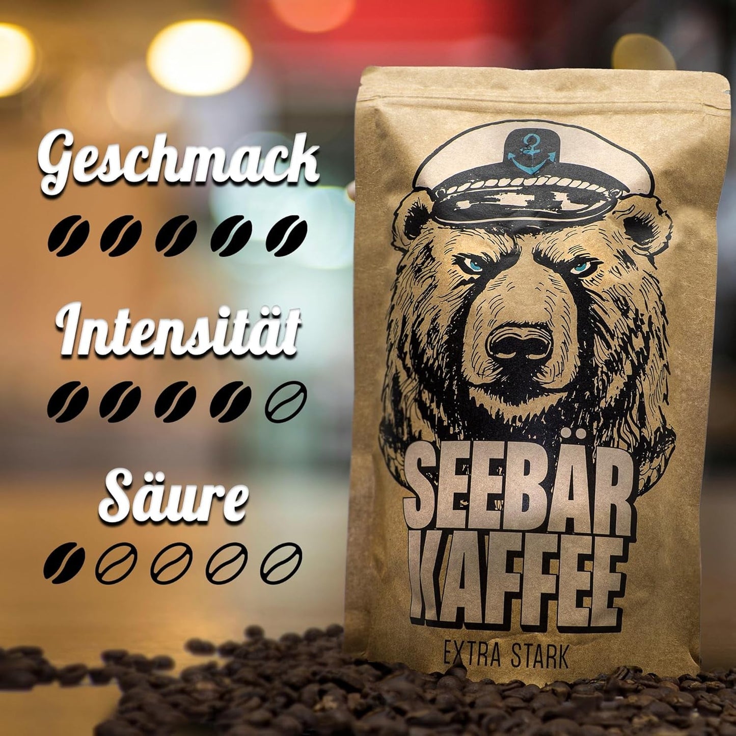 CAFFÈ SEEBÄR - Caffè in grani extra forti - 500 g - Bassa acidità e aroma intenso - Grani interi per macchine da caffè completamente automatiche, espresso e French press - Alto contenuto di caffeina e bassa acidità