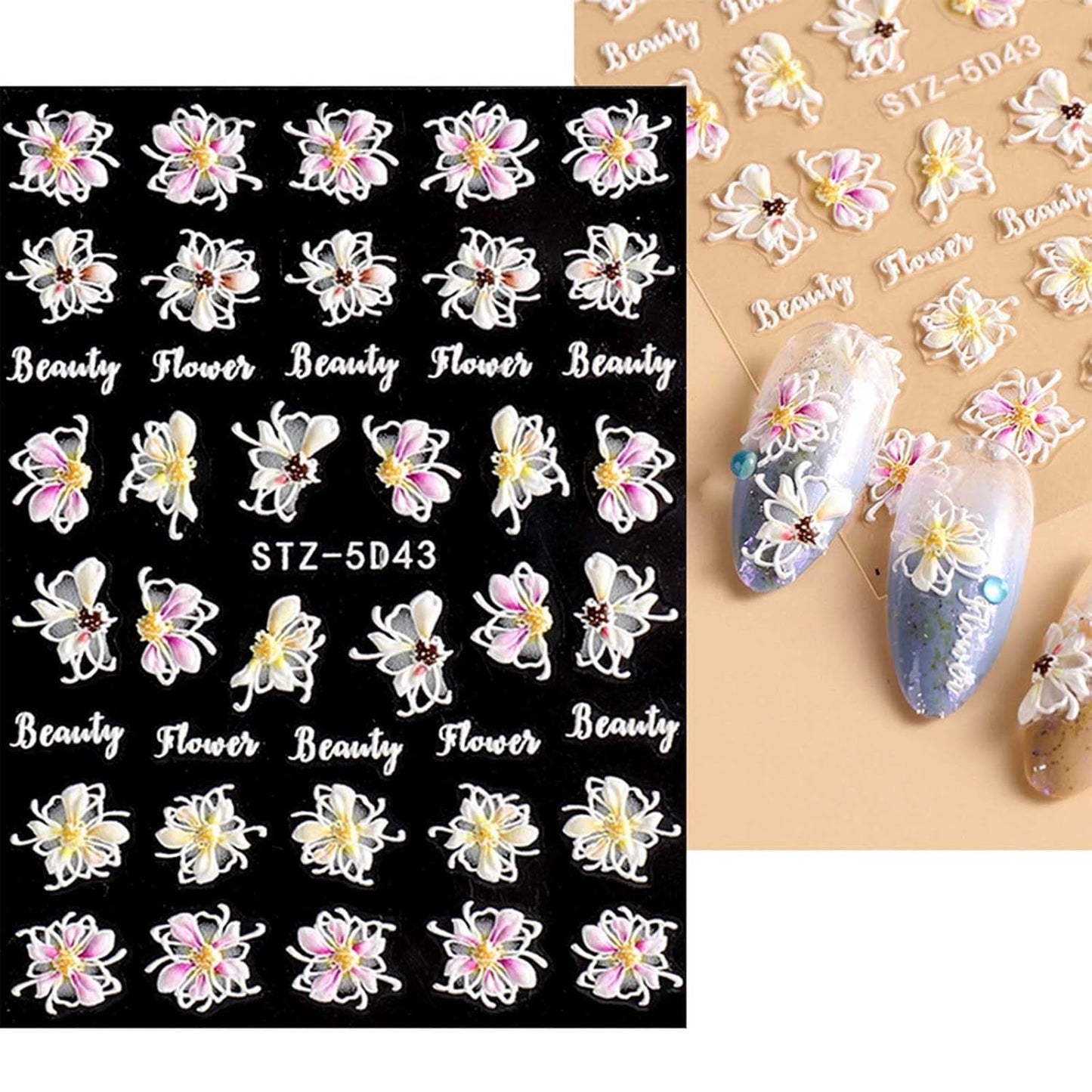 JMEOWIO 3D Nagelsticker Frühling Blume Nail Art Sticker Selbstklebend Nagelaufkleber 5D Stereoscopic Buntes Sommer Blumen Dekoration Nageldesign Zubehör 4 Blatt