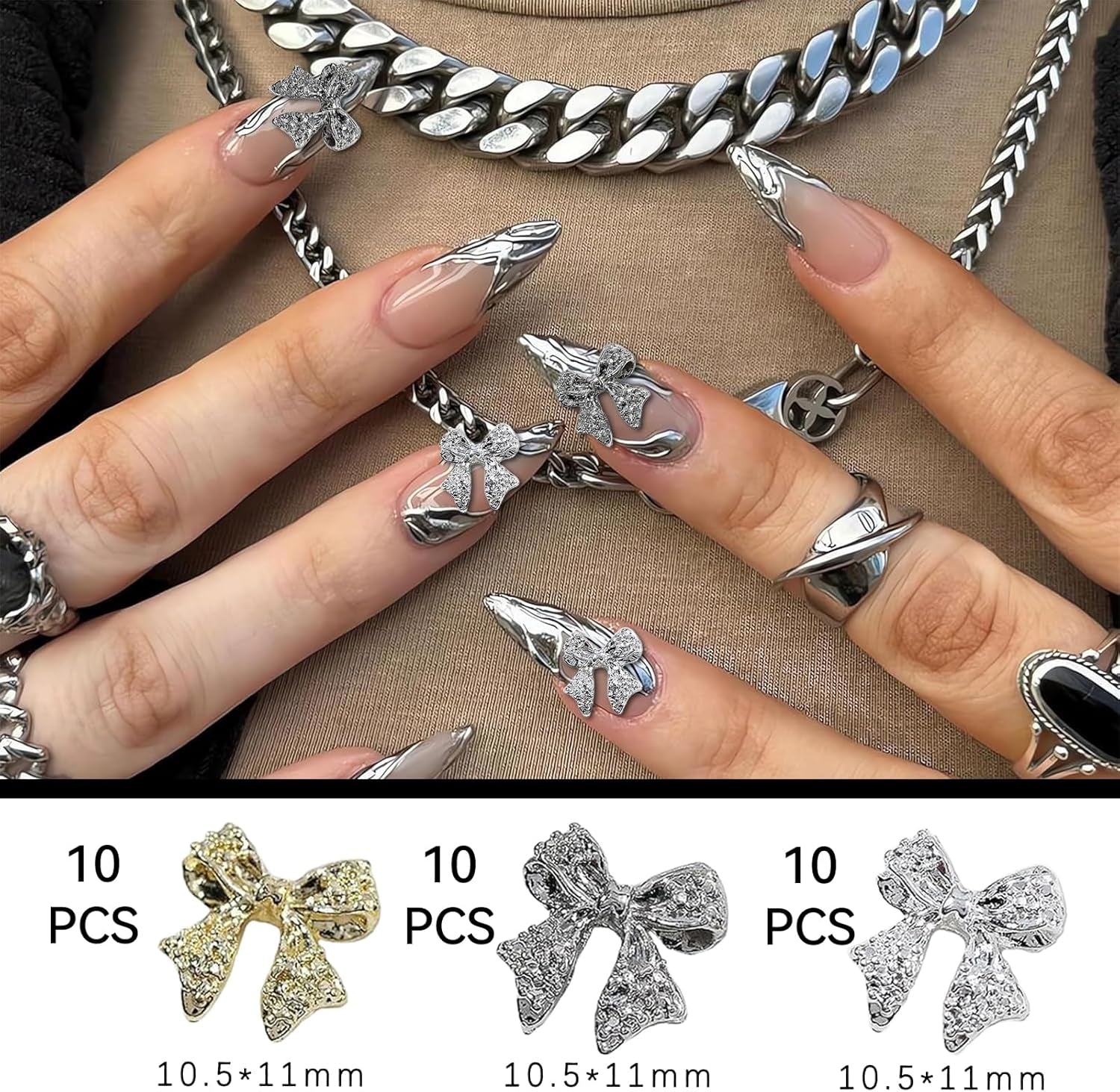 30 fiocchi per unghie in metallo, fiocchi color oro argento grigio, accessori per unghie, decorazioni per unghie per donne e ragazze, design per nail art