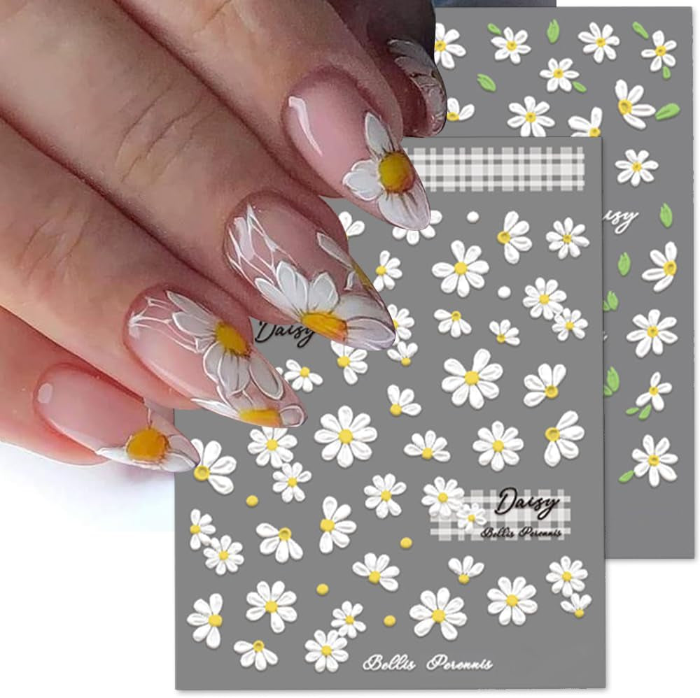 Adesivi per unghie Margherite bianche in rilievo 5D Adesivi per unghie Fiori Adesivi autoadesivi in ​​lamina di fiori Adesivi per nail art Margherite Accessori per la decorazione delle unghie Adesivi di design floreale Nail Art