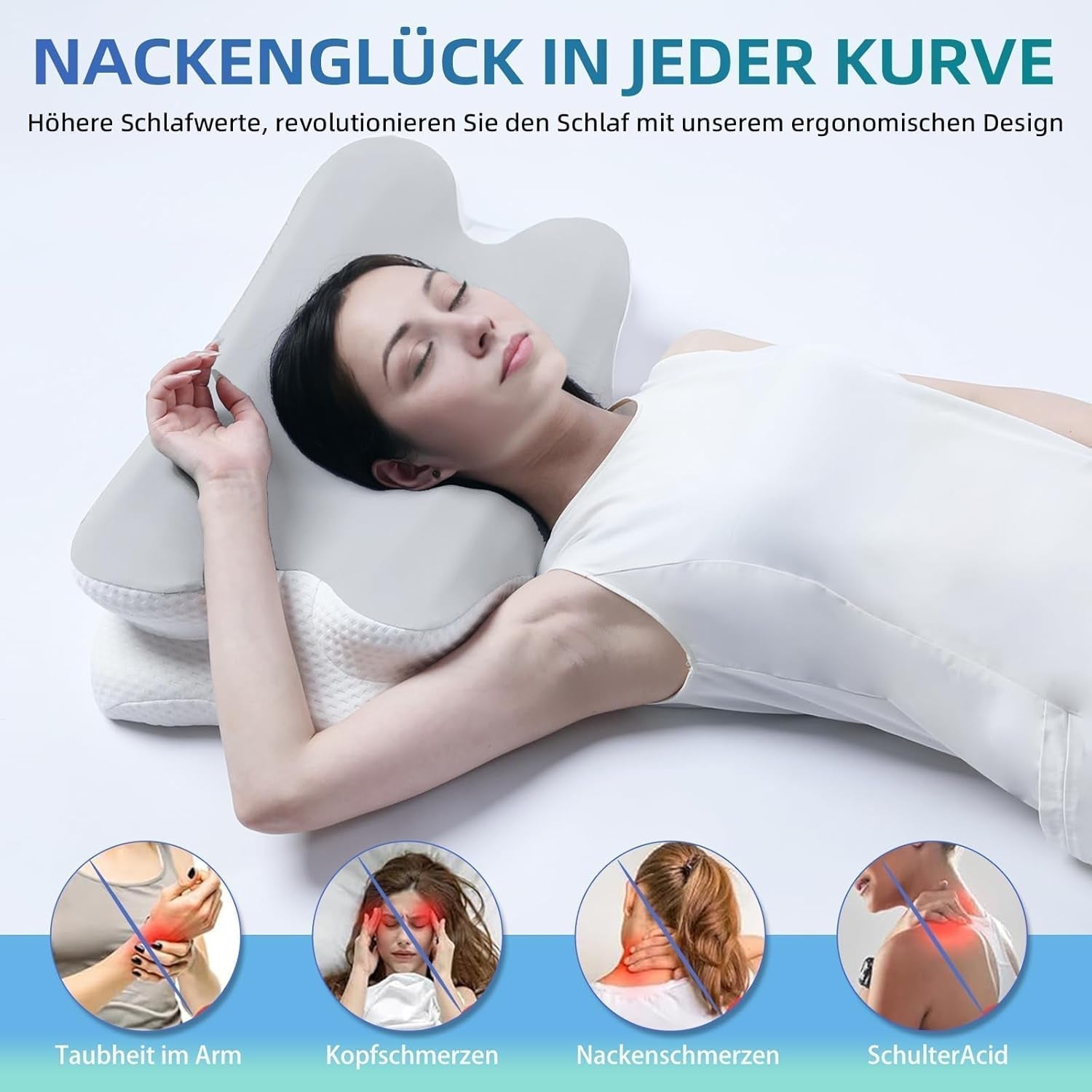 RUMMY Cuscino ergonomico di supporto per il collo in memory foam con fodera lavabile rimovibile per chi dorme sul fianco e sulla pancia (Grigio) Cuscini ortopedici cervicali Naty Shop
