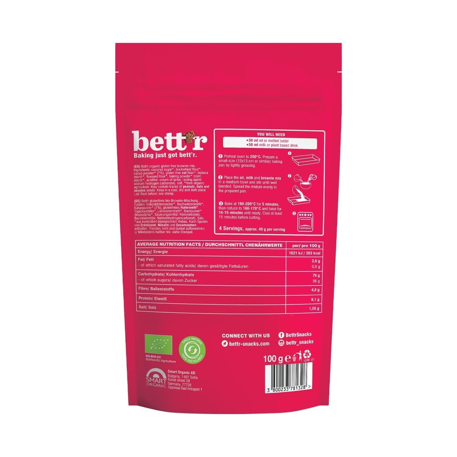 Bettr Organic Brownie Mix - Brownies bio, vegani e senza glutine con formaggio kakaogeschmack - 400 G - 15 Porzioni Naty Shop