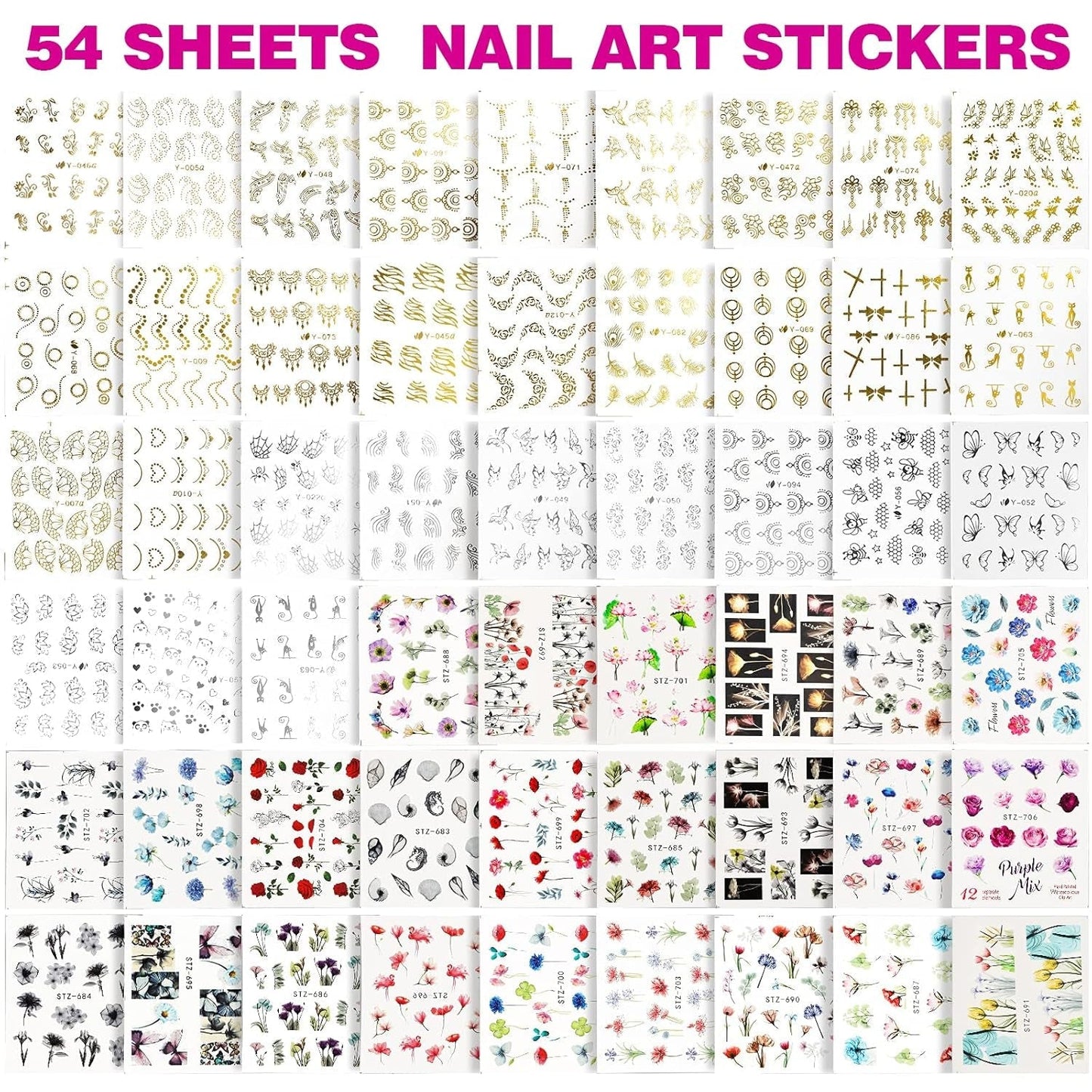 FANDAMEI 54 Blätter Wassertransfer Nagelsticker & Nail Art Pinsel Set, Penne a pois, Blattgold Für Nagelkunst, Streifenband, Strasssteine, Werkzeug und Dekorationen Set Für Nagelkunst Maniküre Set