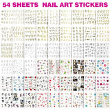 FANDAMEI 54 Blätter Wassertransfer Nagelsticker & Nail Art Pinsel Set, Penne a pois, Blattgold Für Nagelkunst, Streifenband, Strasssteine, Werkzeug und Dekorationen Set Für Nagelkunst Maniküre Set