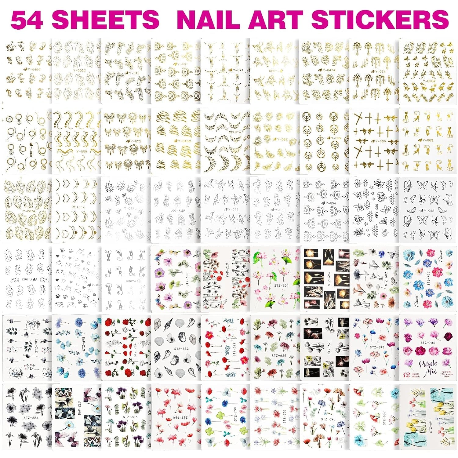 FANDAMEI 54 Blätter Wassertransfer Nagelsticker & Nail Art Pinsel Set, Penne a pois, Blattgold Für Nagelkunst, Streifenband, Strasssteine, Werkzeug und Dekorationen Set Für Nagelkunst Maniküre Set