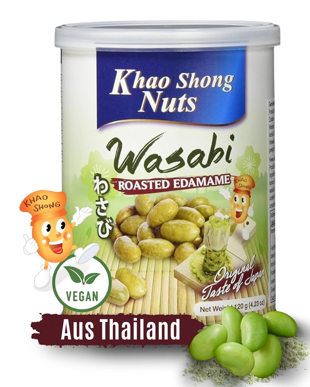 Piselli verdi fritti Khao Shong con wasabi, piselli croccanti in pastella piccante, un'alternativa a basso contenuto di grassi alla frutta secca, mediamente piccante, 1 lattina da 140 g | 140 g (1 confezione)