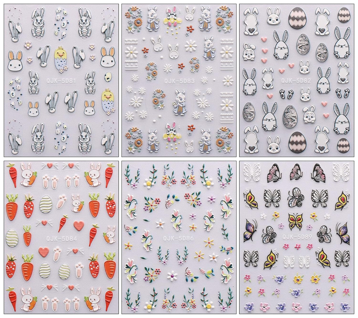 JMEOWIO 6 Blatt 3D Nagelsticker Ostern Nail Art Sticker Selbstklebend Nagelaufkleber 5D Stereoscopico Süßer Hase Ei Dekoration Nageldesign Zubehör