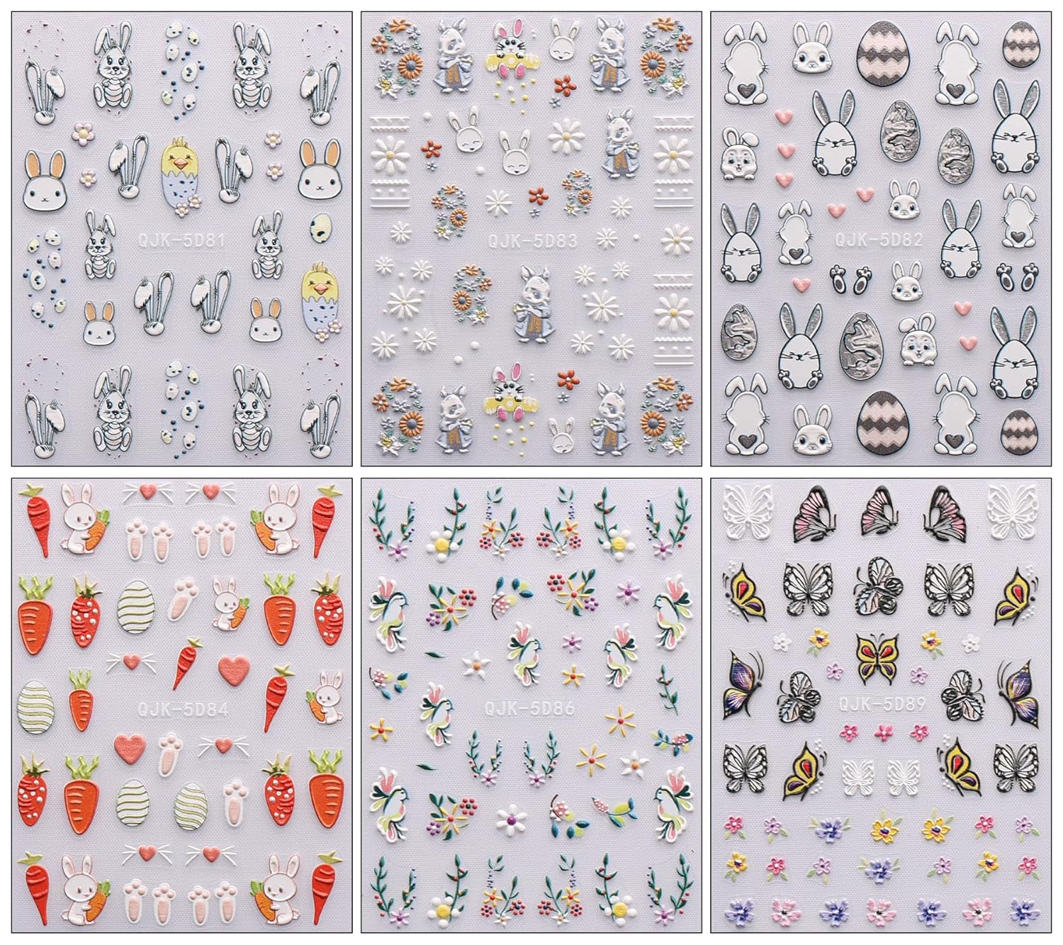 JMEOWIO 6 Blatt 3D Nagelsticker Ostern Nail Art Sticker Selbstklebend Nagelaufkleber 5D Stereoscopico Süßer Hase Ei Dekoration Nageldesign Zubehör