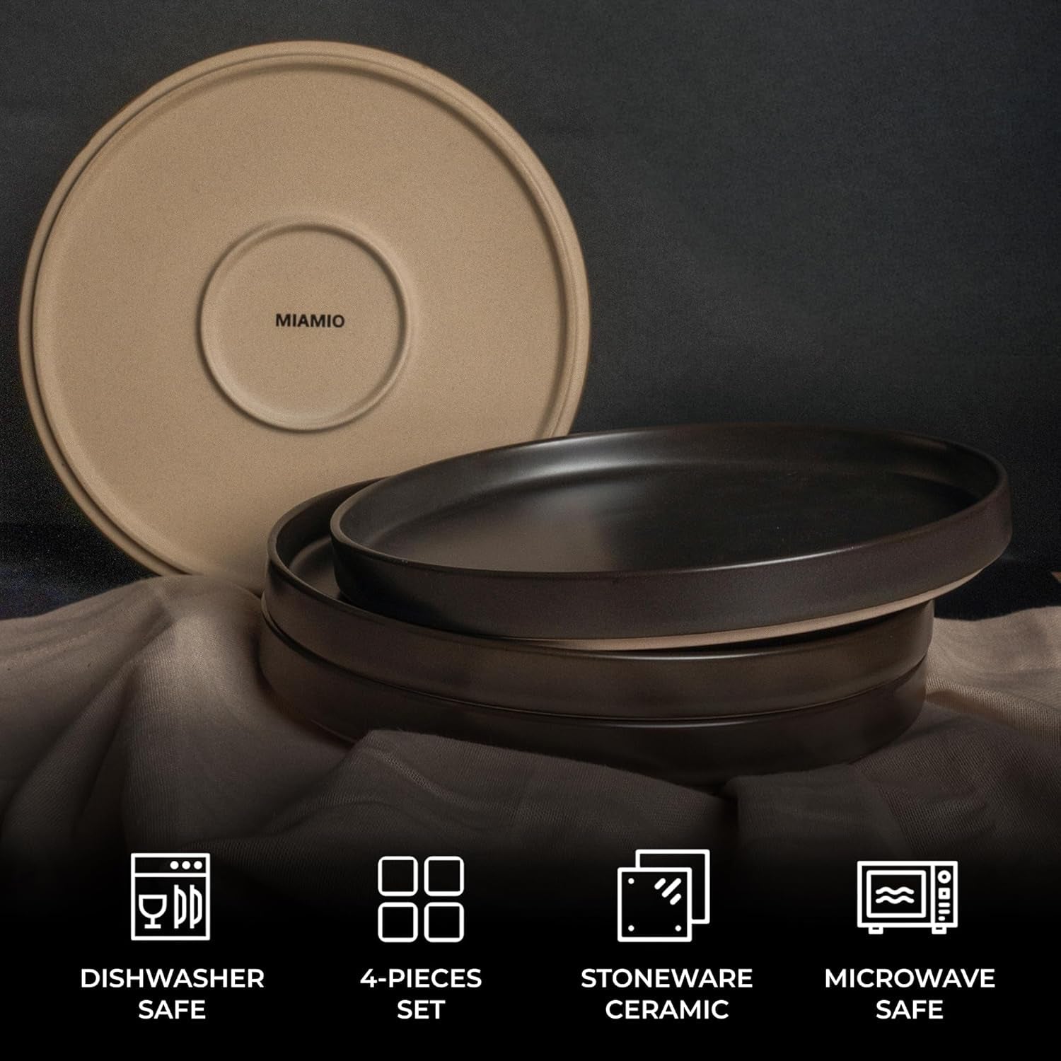 MIAMIO - Set di piatti per 4 persone / Set di stoviglie in ceramica per 4 persone, stoviglie in gres adatte alla lavastoviglie e al microonde - Collezione Sierra (Piatti scuri, Piatti grandi (4x))