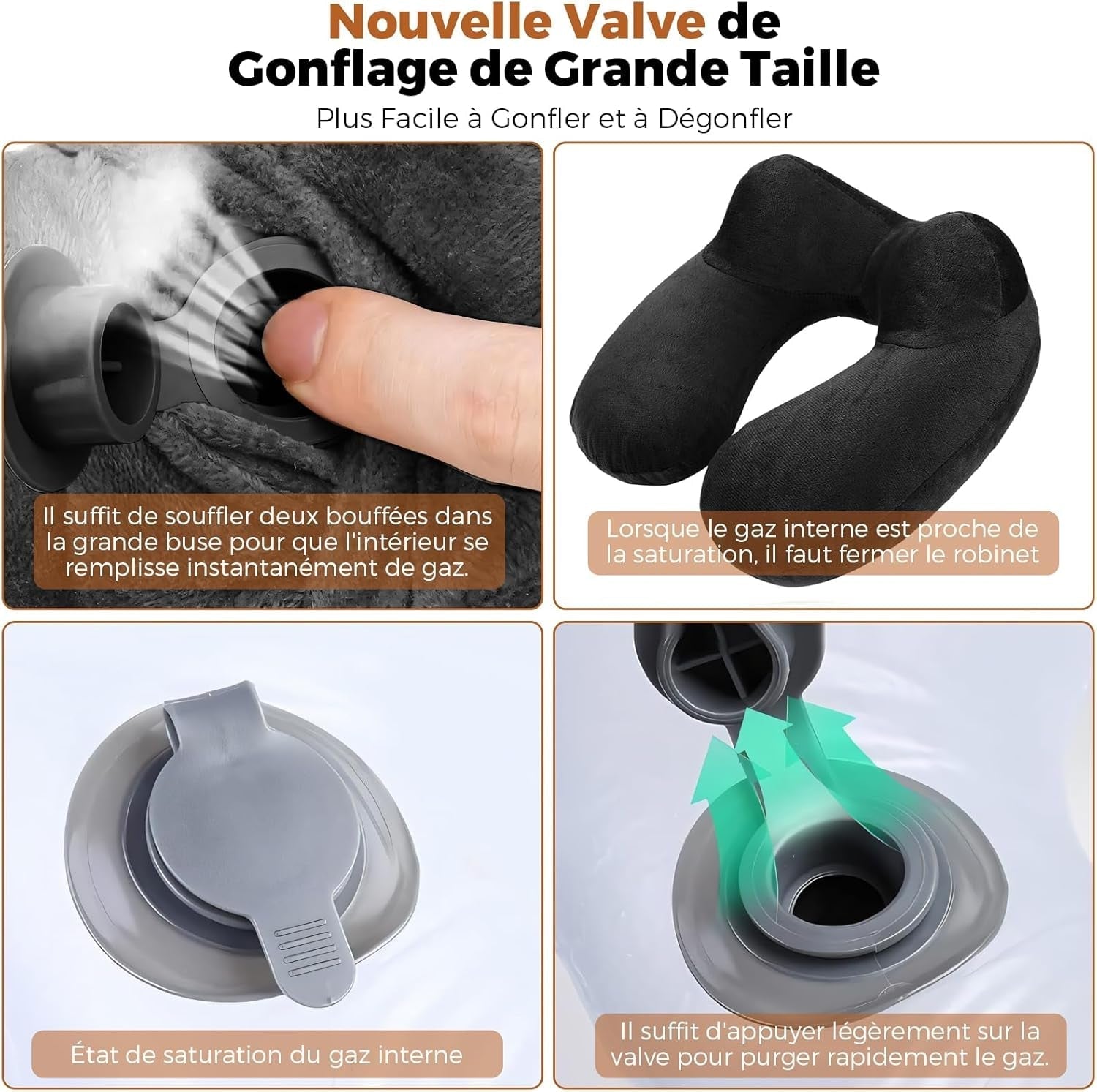 Cuscino da viaggio gonfiabile, cuscino da viaggio con maschera per dormire + tappi per le orecchie + borsa per il trasporto, super leggero e portatile, ideale per aereo, auto, casa, ufficio, cuscini da viaggio neri Naty Shop