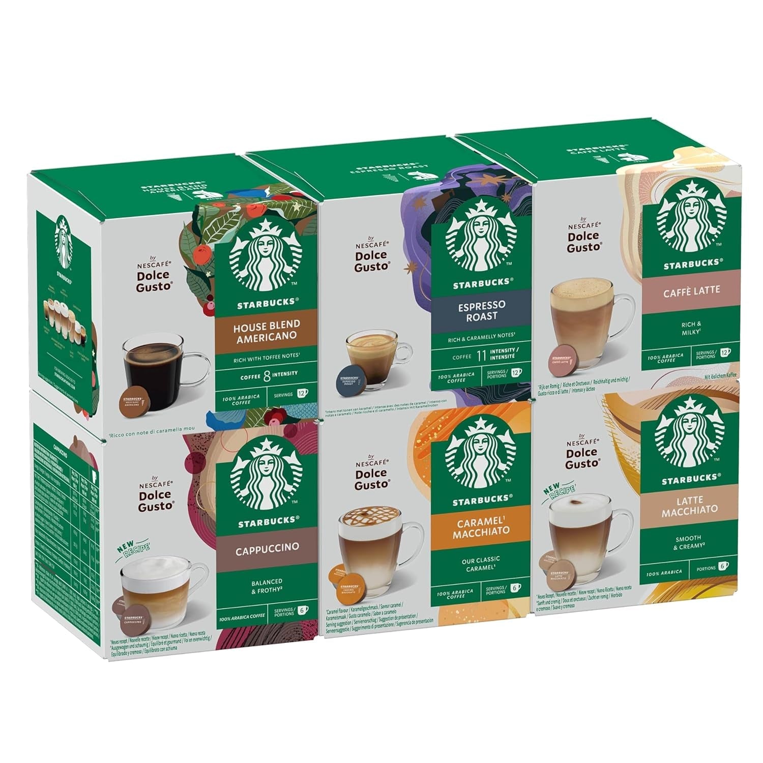 STARBUCKS Probierset, Mixed Cup Variety Pack di Nescafé Dolce Gusto Kaffeekapseln 6 x 12 (72 Kapseln) - Exklusiv bei Amazon