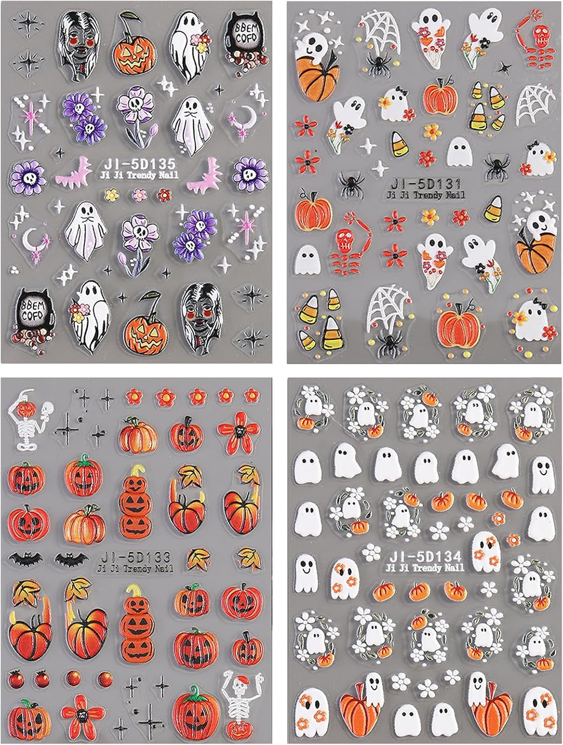 JMEOWIO 3D Nagelsticker Halloween Nail Art Sticker Self-klebend Nagelaufkleber 5D Stereoscopico Süßer Geisterkürbis Dekoration Nageldesign Zubehör 4 Blatt