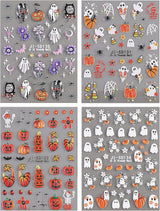 JMEOWIO 3D Nagelsticker Halloween Nail Art Sticker Self-klebend Nagelaufkleber 5D Stereoscopico Süßer Geisterkürbis Dekoration Nageldesign Zubehör 4 Blatt