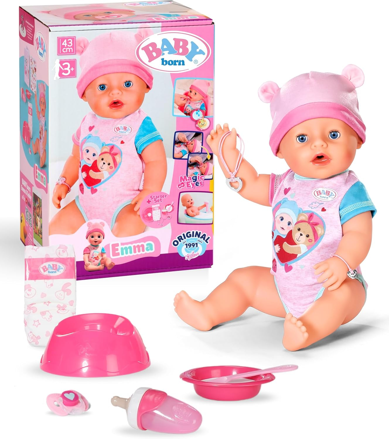 BABY Born Emma - bambola baby 43 cm - 10 funzioni inclusi accessori e materasso - Funziona completamente senza batterie - Adatto a bambini dai 3 anni in su