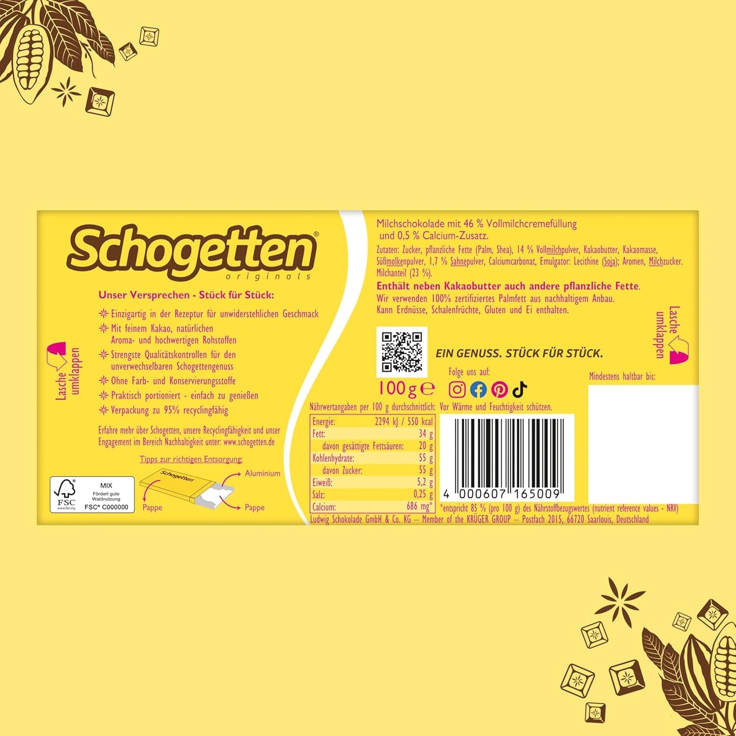 Schogetten per bambini, barretta di cioccolato da 100 g, cioccolato al latte con ripieno cremoso al latte, comodamente porzionato. Una prelibatezza. Pezzo per pezzo.