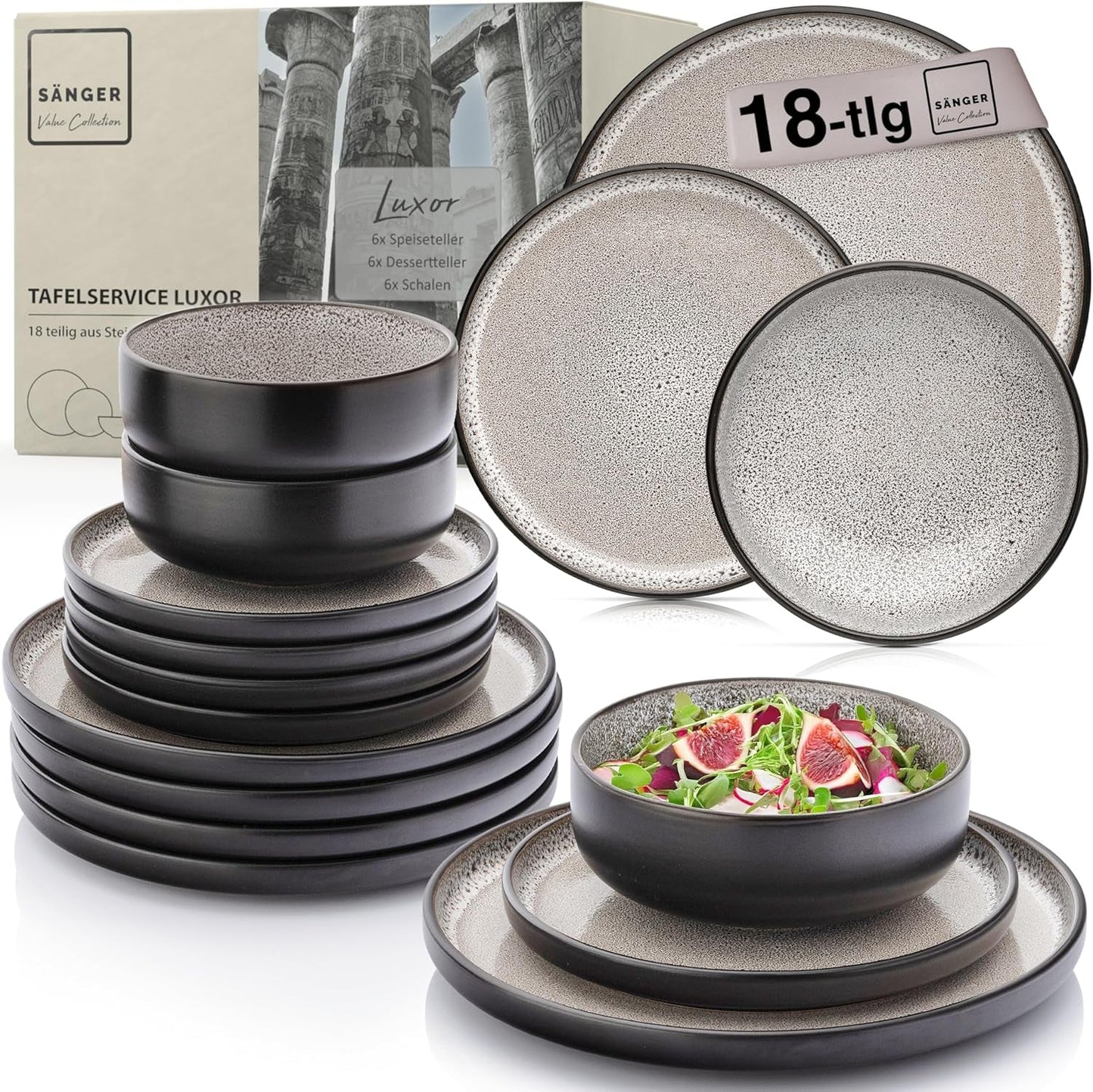 SÄNGER Luxor | Servizio stoviglie in gres, 18 pezzi, Servizio piatti per 6, Servizio stoviglie (6 Piatti piani, 6 Ciotole per cereali, 6 Piatti dessert), Stoviglie marrone-beige antigraffio | LA COLLEZIONE DI VALORE